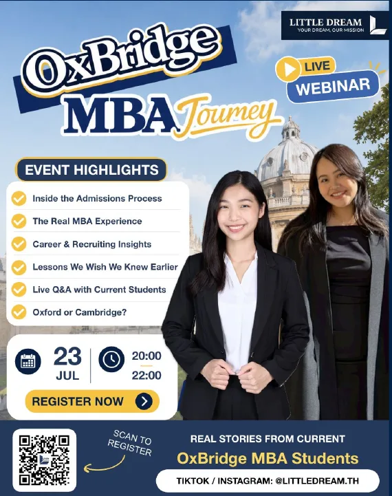 Poster for the Oxbridge MBA Journey live webinar on 23 July